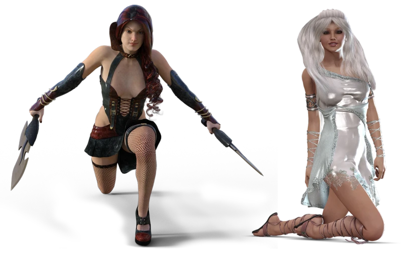 a couple of women standing next to each other, a 3D render, inspired by senior character artist, fantasy art, floggers, katarina, a sexy blonde warrior, dollpunk