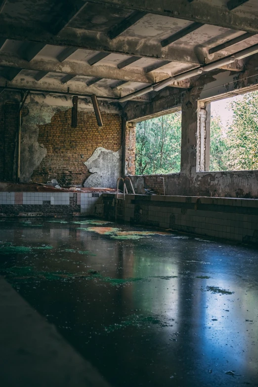 a room filled with lots of windows next to a brick wall, inspired by Elsa Bleda, pexels, graffiti, stands in a pool of water, lost place photo, polish mansion kitchen, stock photo
