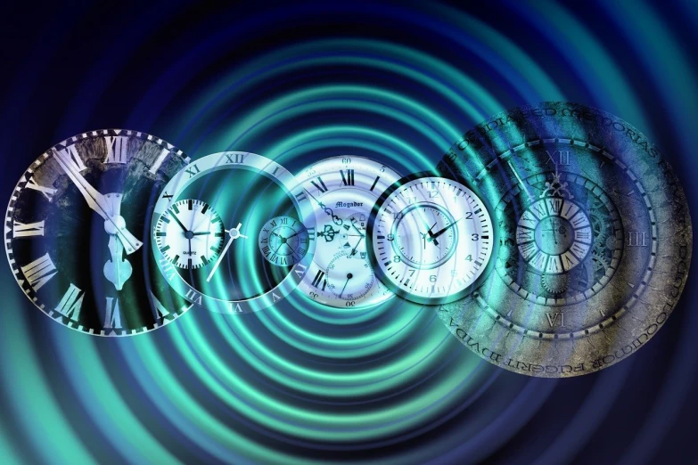 a group of clocks sitting next to each other, a digital rendering, by Jon Coffelt, shutterstock, digital art, abstract rippling background, ancient mystic time lord, blue circular hologram, stock photo