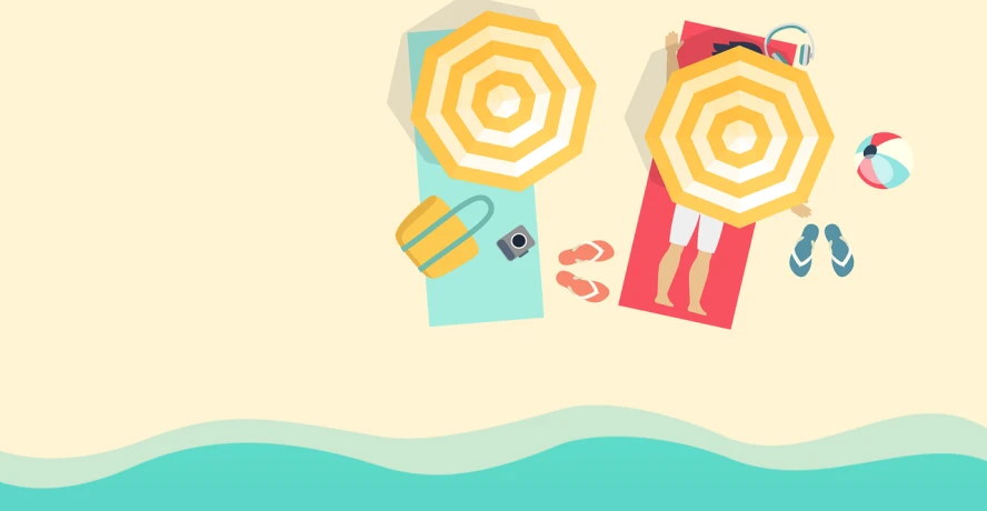 a couple of people laying on top of a beach, vector art, flat lay, banner, flat design, umbrellas