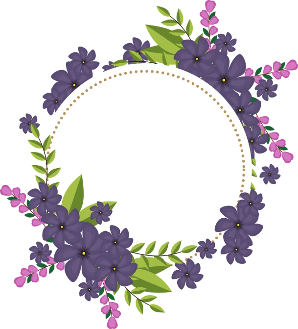 a round frame with purple flowers and green leaves, pixabay, sōsaku hanga, more dark purple color scheme, various posed, seasons!! : 🌸 ☀ 🍂 ❄, card