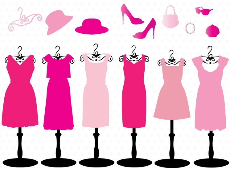a number of dresses on a mannequin stand, trending on pixabay, pop art, wearing a pink dress, clip-art, various items, best on adobe stock