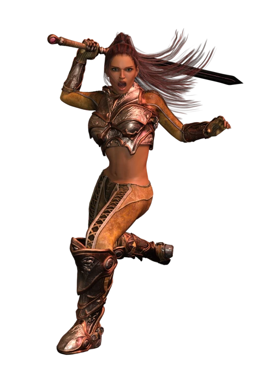 a woman dressed in armor holding a sword, a digital rendering, inspired by Leona Wood, action glamour pose, female dancer, wearing sculpted textured armour, heroic jumping pose