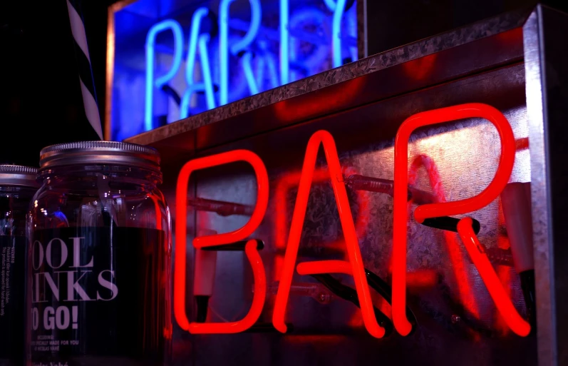 a close up of a neon sign in a bar, a screenshot, by Dave Melvin, pexels, baars, bare shoulders, bard, red and blue color theme