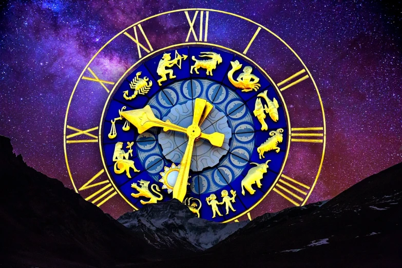 a close up of a clock with a sky background, by Julia Pishtar, maximalism, zodiac signs, mt elbrus at night, made with photoshop, 💣 💥💣 💥