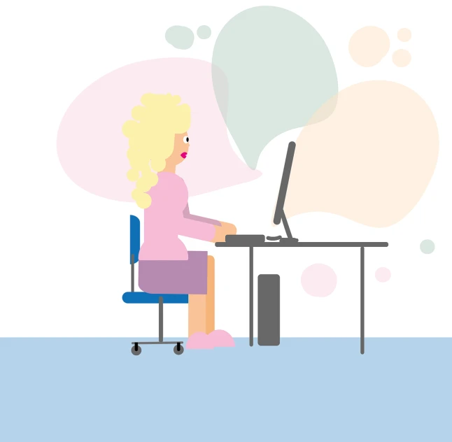 a woman sitting at a desk in front of a computer, an illustration of, isolated background, speech, blurry and dreamy illustration, blond