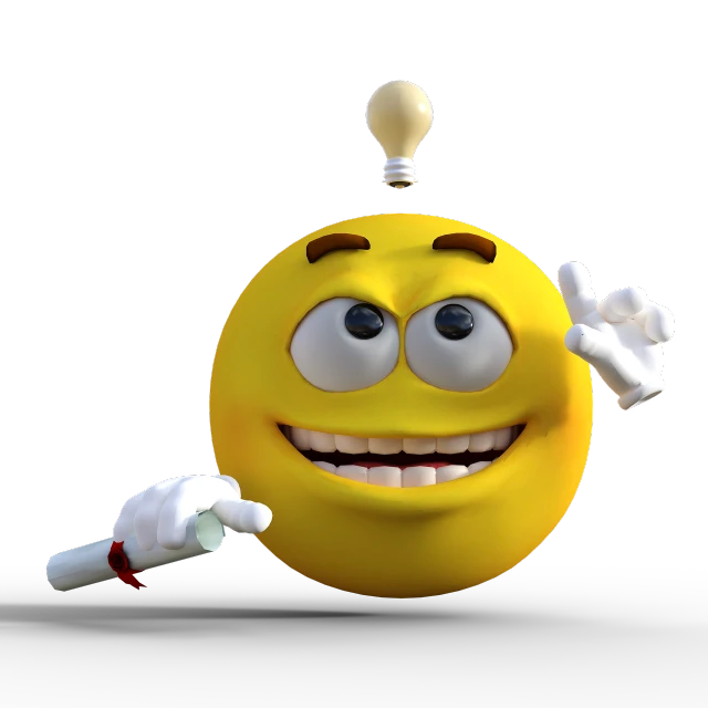 a yellow smiley face with a light bulb above his head, a digital rendering, digital art, fun pose, on black background, with pointing finger, maintenance photo