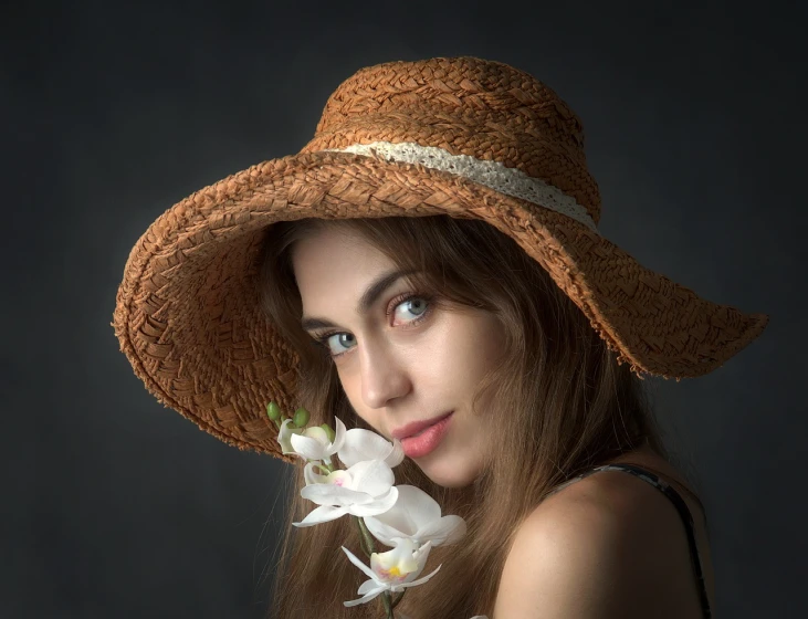 a woman wearing a hat and holding a flower, a portrait, by Antoni Brodowski, pixabay contest winner, white orchids, girl with brown hair, professional studio photo, straw