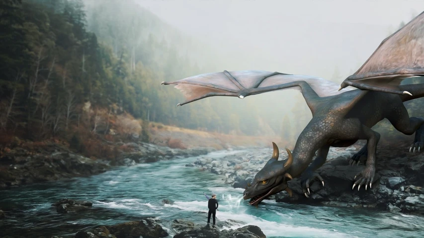 a dragon standing on top of a rock next to a river, pexels contest winner, fantasy art, high quality fantasy stock photo, dragon-shaped human, crossing the river, hyper real render