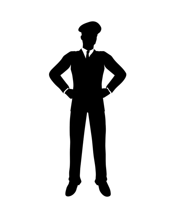a black and white silhouette of a man in a suit and tie, a stock photo, inspired by Gusukuma Seihō, pilot outfit, standing pose, wearing newsboy cap, svg illustration