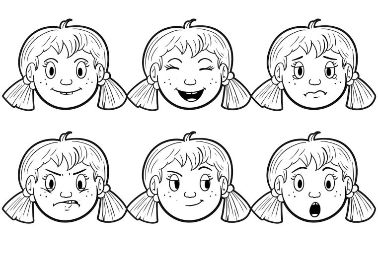 a set of cartoon girls with different facial expressions, by Mario Bardi, trending on pixabay, mingei, colouring page, with black pigtails, characters 8k symmetrical, dimples