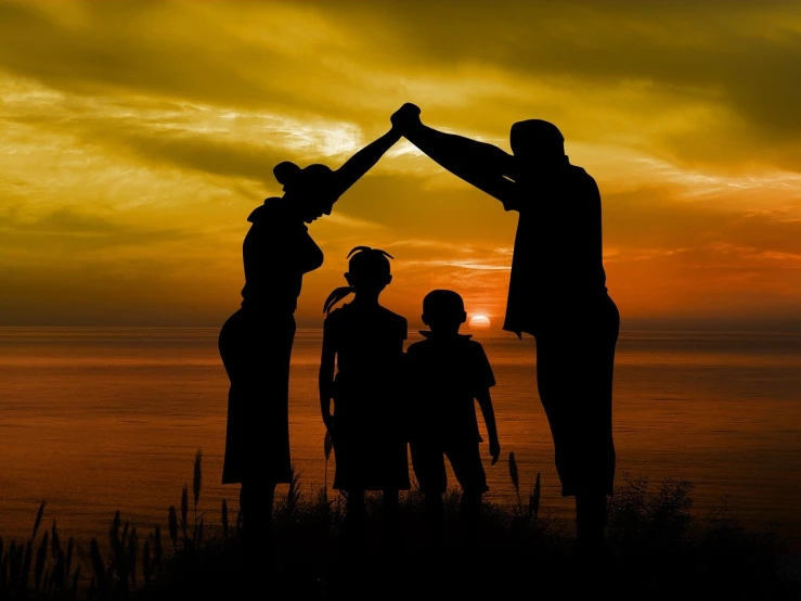 a group of people giving each other a high five, a picture, by Brad Holland, pixabay, symbolism, husband wife and son, iron giant at sunset, people looking at a house, portlet photo