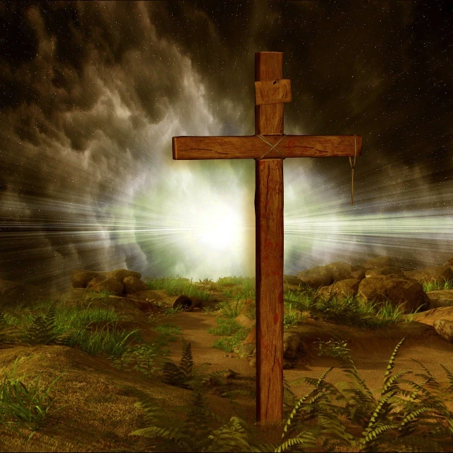 a wooden cross sitting on top of a lush green field, a digital rendering, by Jon Coffelt, shutterstock, conceptual art, dramatic lights spiritual scene, stunningly ominous, new mexico, holy lights