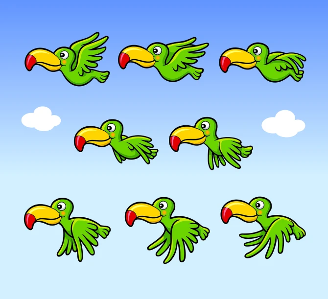 a bunch of birds that are flying in the sky, an illustration of, figuration libre, kermit, upper body 2d game avatar, nine separated hd, folkloric illustration