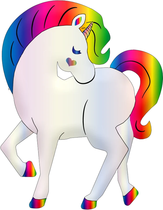 a white unicorn with a rainbow mane, a raytraced image, inspired by Lisa Frank, pixabay, 😃😀😄☺🙃😉😗, dark rainbow colored fur, [[[[grinning evily]]]], rainbow accents