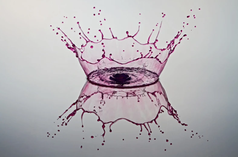 a splash of liquid in the shape of a crown, by Doug Ohlson, flickr, art photography, hyper realistic reflections, pink water in a large bath, take off, berry juice drips