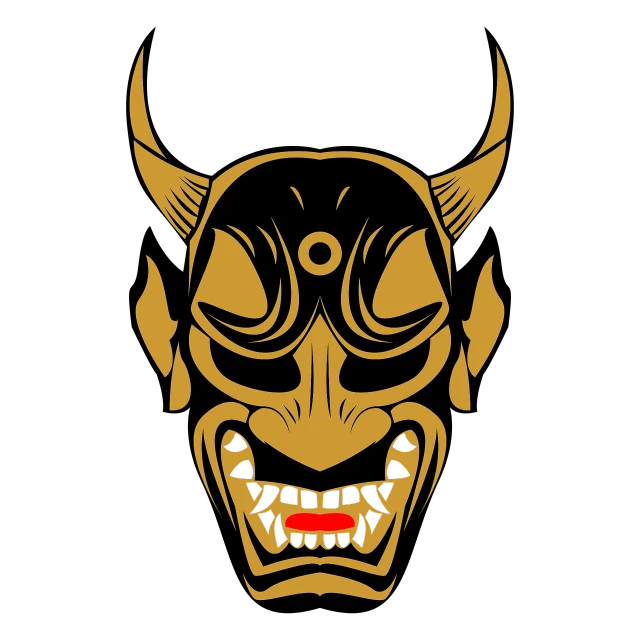 a black and gold demon mask on a black background, vector art, sōsaku hanga, face of an ox, japanese comic book, an affable devil among demons, 70's