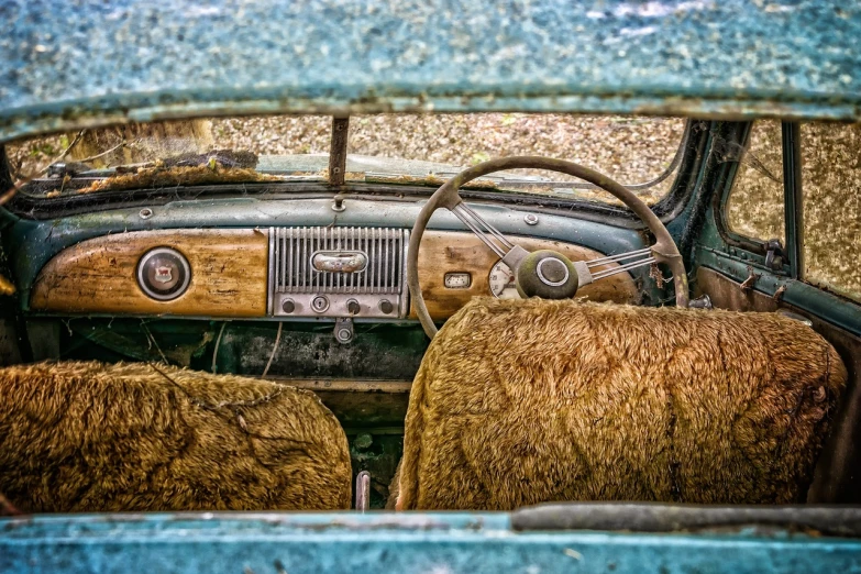 an old car with hay inside of it, a portrait, by Arnie Swekel, flickr, interior shot, earth tones and blues, sheep wool, texturized