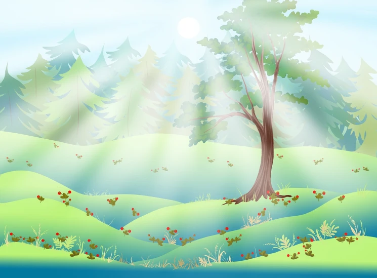 the sun shines through the trees on a sunny day, an illustration of, inspired by Luigi Kasimir, naive art, fog background, environment design illustration, cherry tree in the background, summer siberian forest taiga