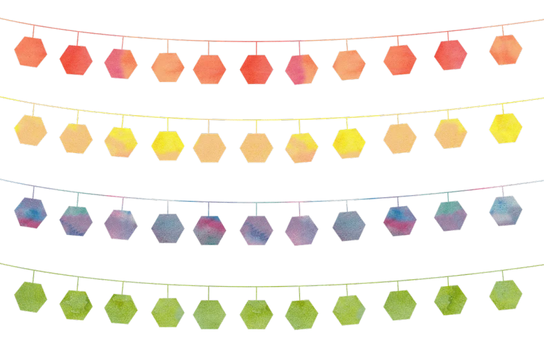a bunch of paper hexagons hanging from a string, a digital rendering, by Maeda Masao, shutterstock, tie-dye, glow in dark, detailed image, paper border