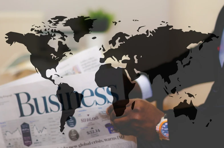 a man reading a newspaper with a world map on it, a picture, pexels, excessivism, executive industry banner, animation still, business meeting, header with logo
