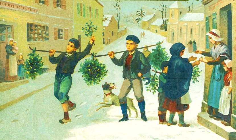 a painting of people and a dog on a snowy street, an illustration of, by Ernst, shutterstock, folk art, gilt-leaf winnower, alternate album cover, boys, carrying flowers