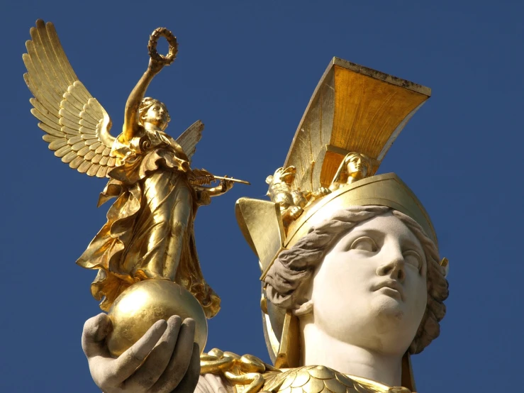 a statue of an angel holding a globe, a statue, pixabay, berlin secession, golden goddess athena, diadem on the head, vienna secesion style, realistic depiction