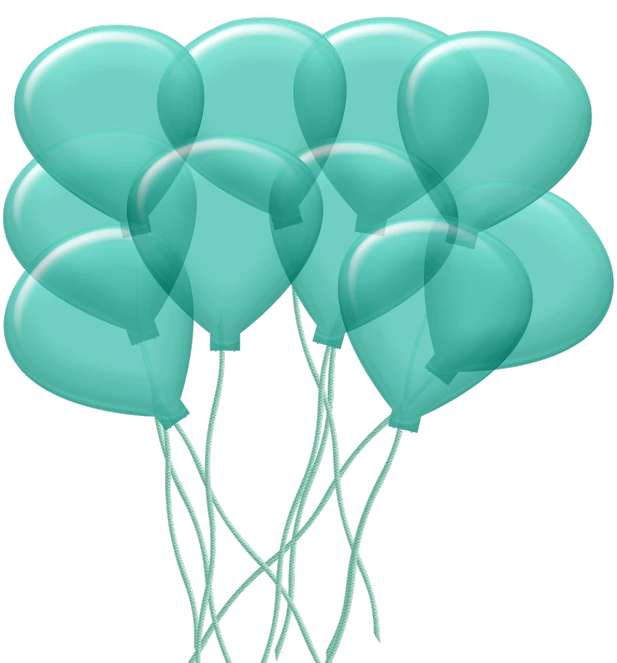 a bunch of blue balloons floating in the air, digital art, on a flat color black background, sea green color theme, clipart, glass
