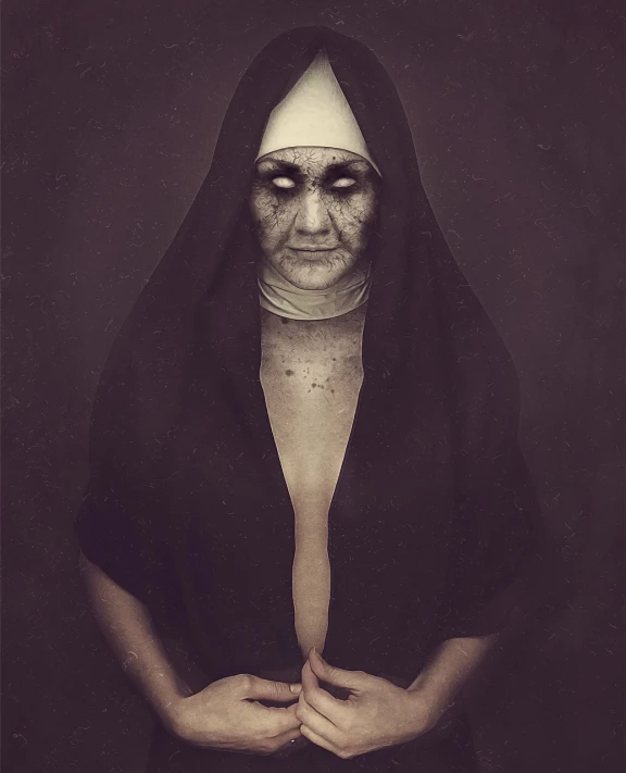 a close up of a person wearing a nun costume, a portrait, by Artur Tarnowski, cgsociety contest winner, gothic art, creepy pose, beeple and jean giraud, portrait of an old, mother