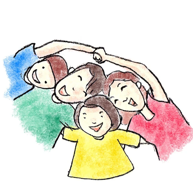 a group of people standing around each other, a picture, crayon, pose(arms up + happy), family friendly, round head