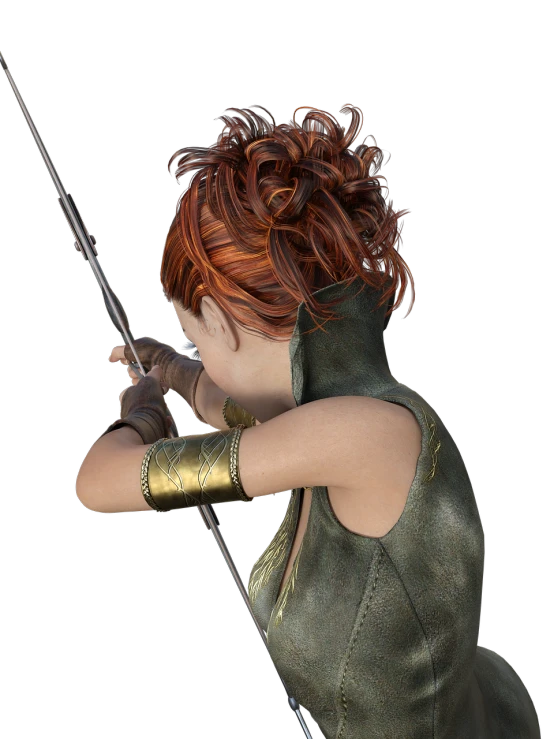 a close up of a person with a sword, by Anna Füssli, trending on cg society, aiming a bow and arrow, a redheaded young woman, 3 d render stylized, showing her shoulder from back