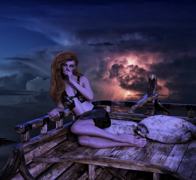 a woman in a bikini sitting on a boat, inspired by Luis Royo, ravens stormy sky of foreboding, late night melancholic photo, stuning fantasy 3 d render, sullen old maid ( redhead