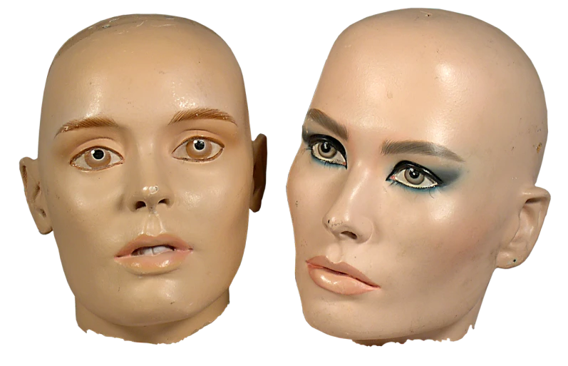 a couple of mannequin heads sitting next to each other, a portrait, by Edward Corbett, trending on zbrush central, 1 9 8 0 s and 1 9 2 0 s airbrush, doll face, rectangular face, prosthetic makeup