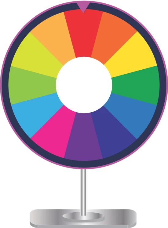 a colorful wheel of fortune on a stand, a screenshot, inspired by Auguste Herbin, conceptual art, snapchat photo, complimentary - colors, dark color scheme, round-cropped