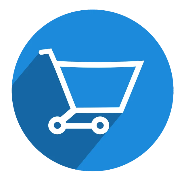 a shopping cart icon with a long shadow, a screenshot, by Adam Manyoki, pixabay, bauhaus, blue circular hologram, no gradients, marketing photo, plan
