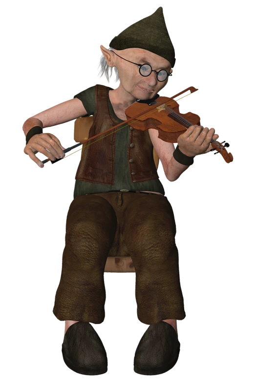 a 3d image of a man playing a violin, inspired by senior character artist, muscular female gnome engineer, granny weatherwax, similar to legolas, (((rusty)))