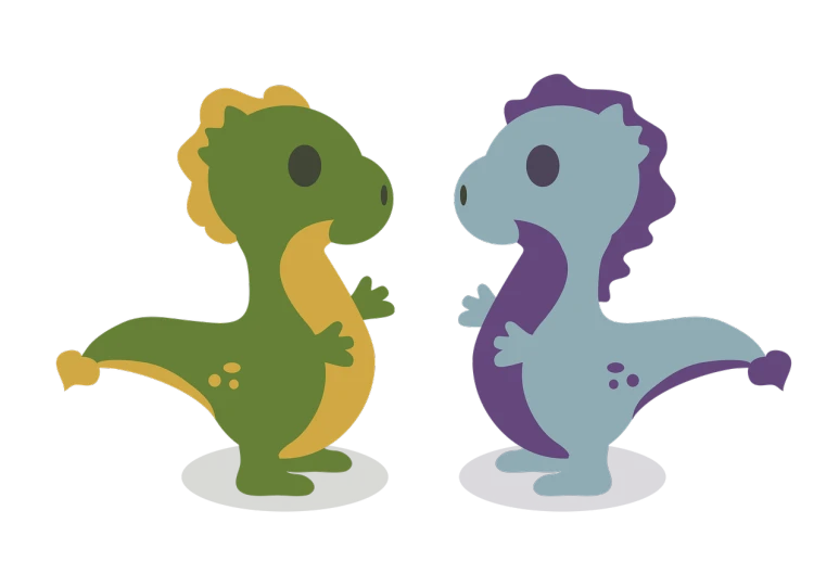 a couple of cartoon dinosaurs standing next to each other, a screenshot, inspired by Adam Rex, pixabay, traidic color scheme, adult pair of twins, chibi, stylized silhouette