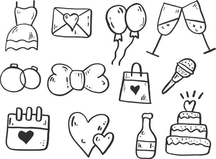 a bunch of icons drawn in chalk on a blackboard, a black and white photo, by Nándor Katona, trending on pixabay, party balloons, anime screenshot pattern, wedding, 2 0 5 6 x 2 0 5 6