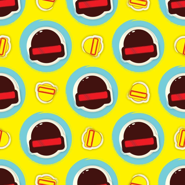 a pattern of donuts on a yellow background, a pop art painting, inspired by Lubin Baugin, tumblr, pop art, berets, garnet, konosuba anime style, burger with a mouth