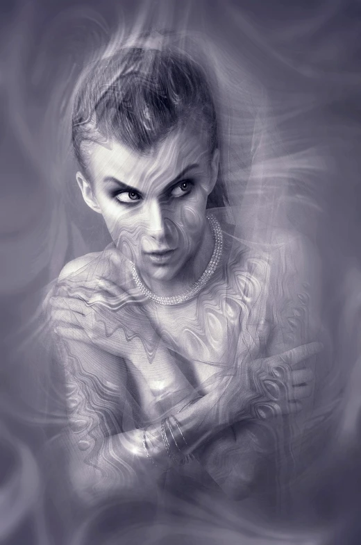 a black and white photo of a woman with tattoos, an airbrush painting, inspired by Anna Füssli, digital art, closeup fantasy with water magic, demon boy, transparent body, 3d render of catwoman