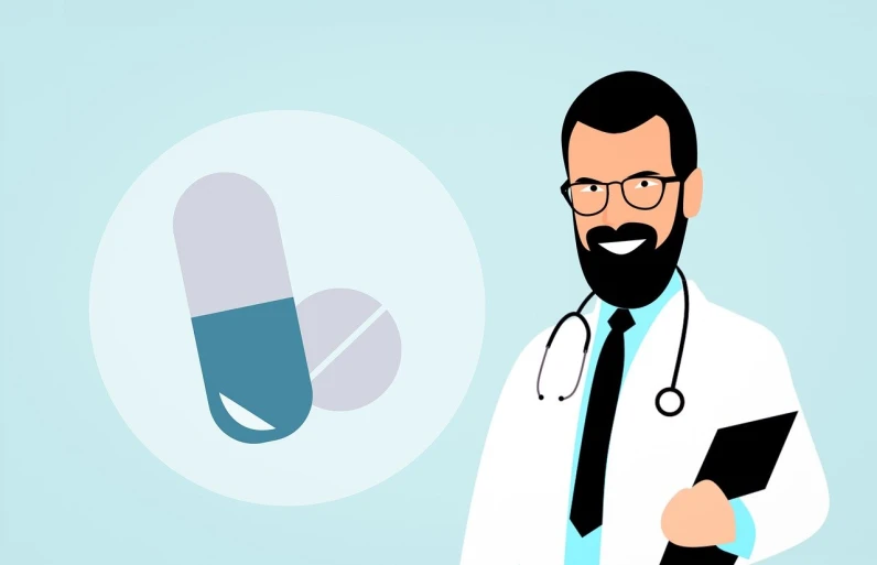 a man in a lab coat holding a clipboard, an illustration of, by Matija Jama, shutterstock, antipodeans, offering the viewer a pill, minimalistic illustration, round chin, in the background