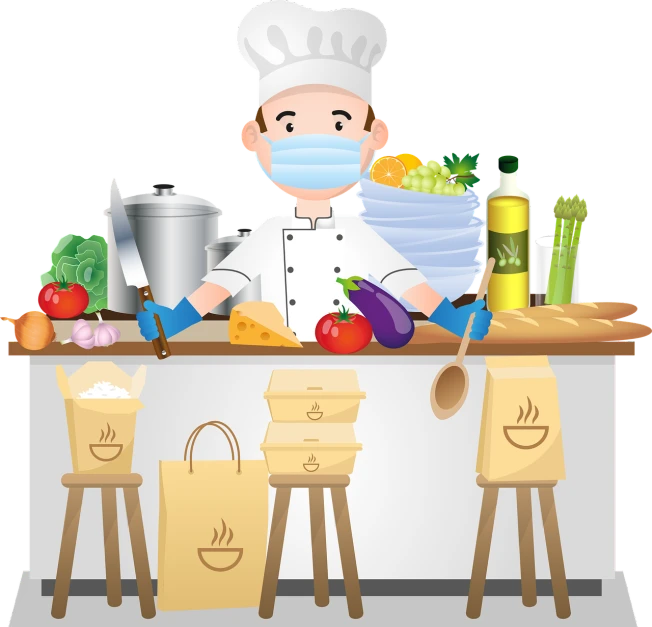 a chef wearing a face mask preparing food, an illustration of, shopping groceries, fine background proportionate, tredning on art station, the background is white