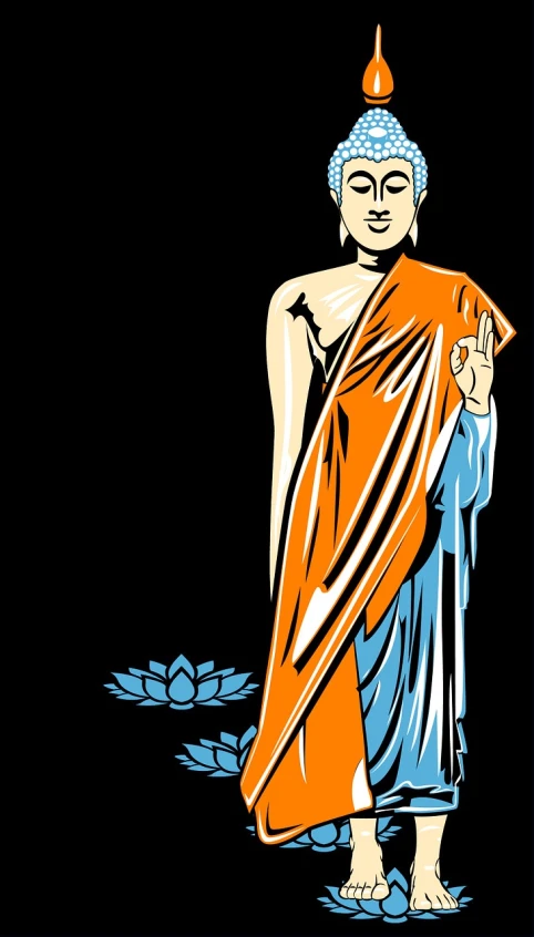 a person standing in front of a black background, vector art, inspired by Bapu, sots art, buddhist monk, political propaganda, wearing a long dress, blue and orange