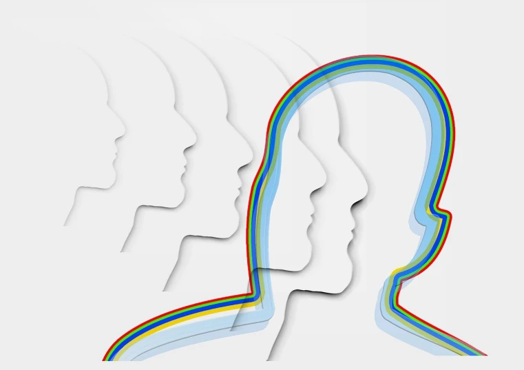 a group of people standing next to each other, digital art, inspired by Milton Glaser, synchromism, head in profile, rainbow line - art, profile close-up view, layered paper style