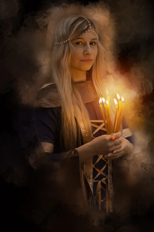 a woman holding a bunch of candles in her hands, inspired by Master of the Legend of Saint Lucy, fantasy art, portrait of a viking, edited, portrait of magical blond prince, medieval!!