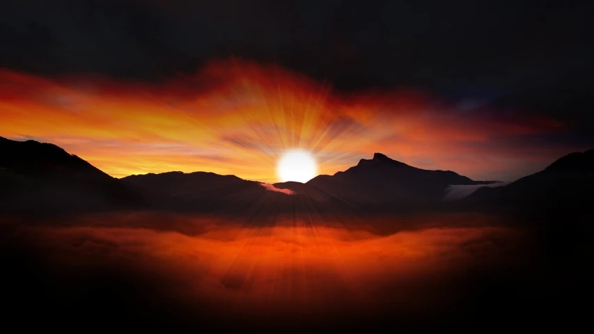 the sun is setting over a mountain range, a picture, romanticism, dramatic sunset nebula, red illuminating fog, sunset photo