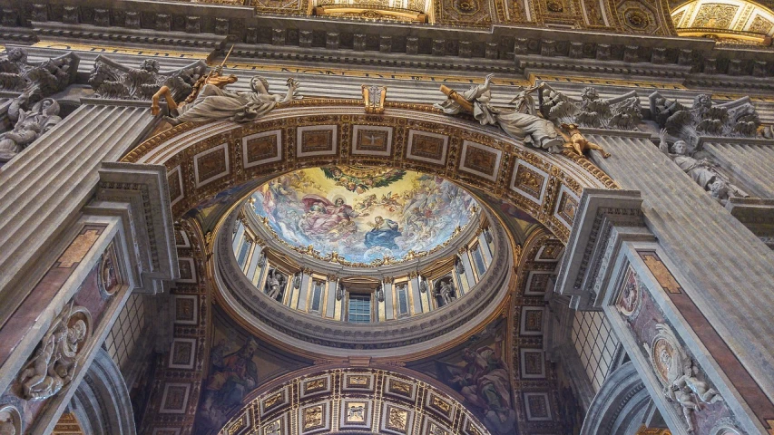 a picture of the inside of a building, by Cagnaccio di San Pietro, shutterstock, heaven in the top, highly detailed fine art, round, religious imagery