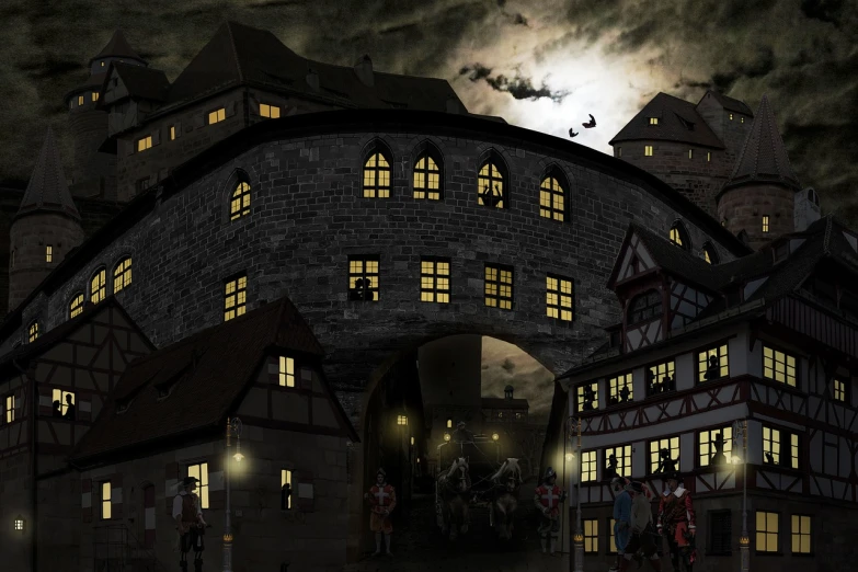 a group of people standing in front of a castle at night, by Oskar Lüthy, digital art, photorealistic streetscape, nuremberg, battlements with soldiers, halloween