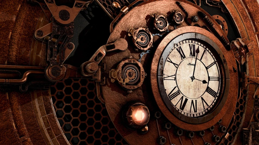 a close up of a clock on a wall, trending on polycount, retrofuturism, steampunk acessoires, desktop background, copper details, a rustic album cover of a clock