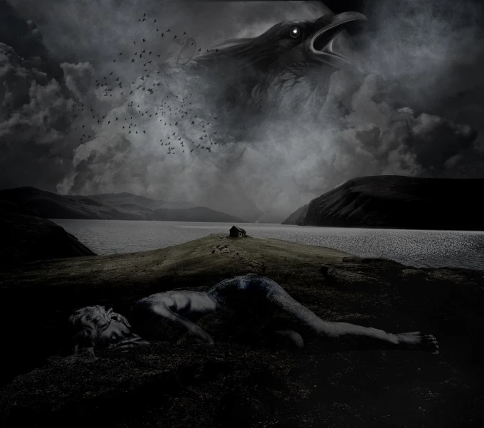 a large bird flying over a body of water, digital art, inspired by Franz Sedlacek, tumblr, horror photo, angel falling to andromeda, old photo of a creepy landscape, monster ashore